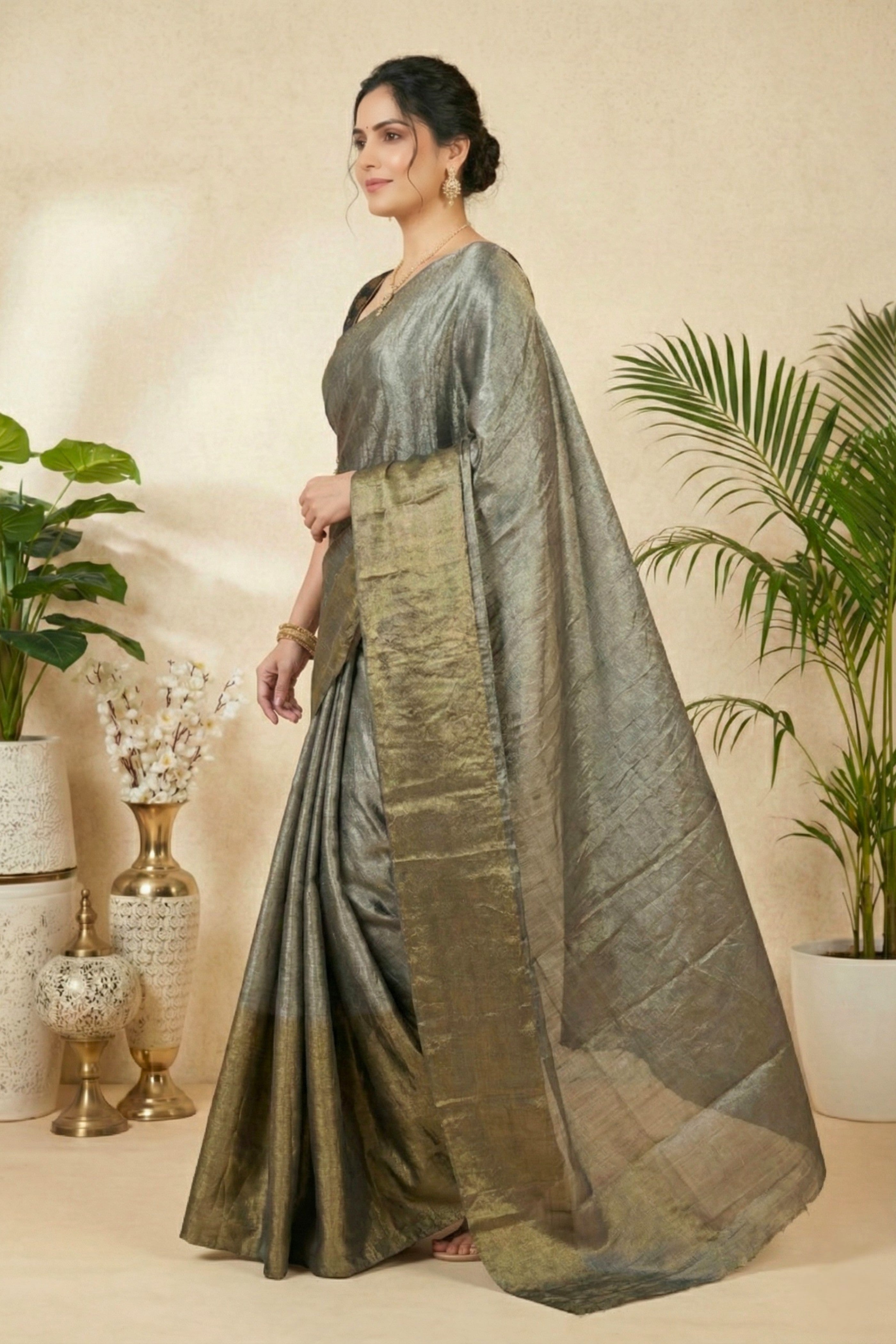 Metallic Grey Soft Tissue Saree