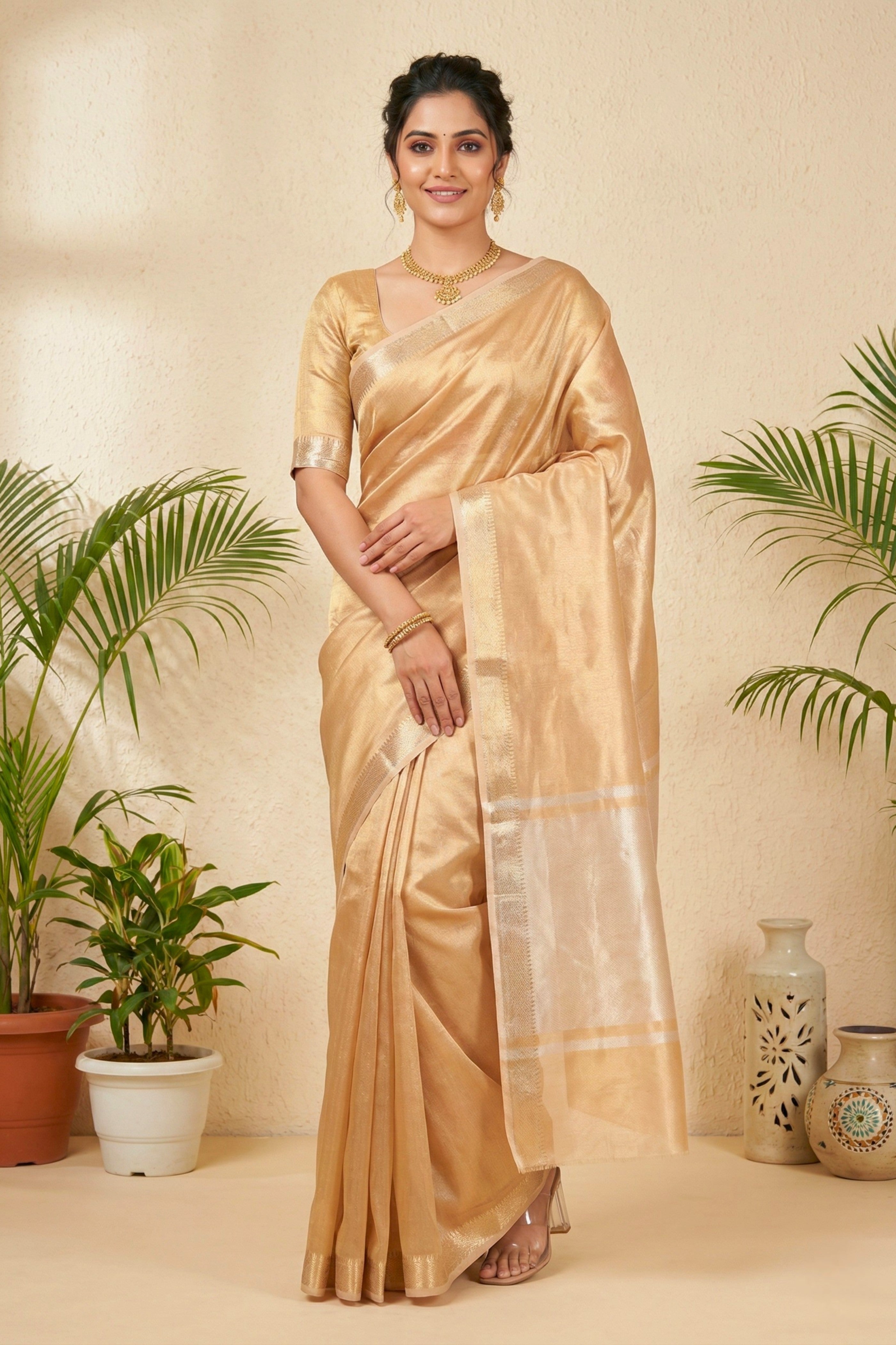 Luminous Champagne Gold Pure Tissue Silk Saree