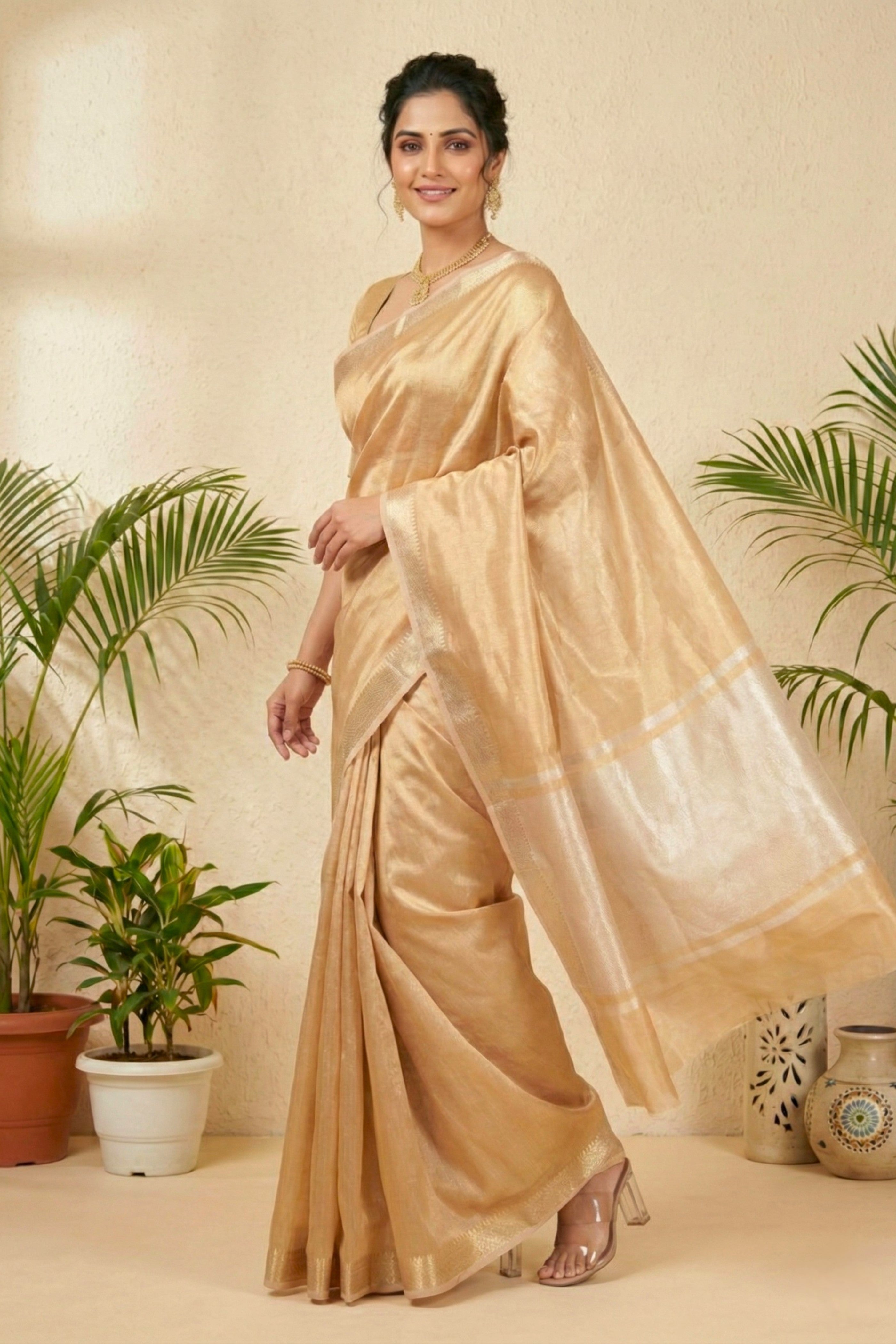 Luminous Champagne Gold Pure Tissue Silk Saree