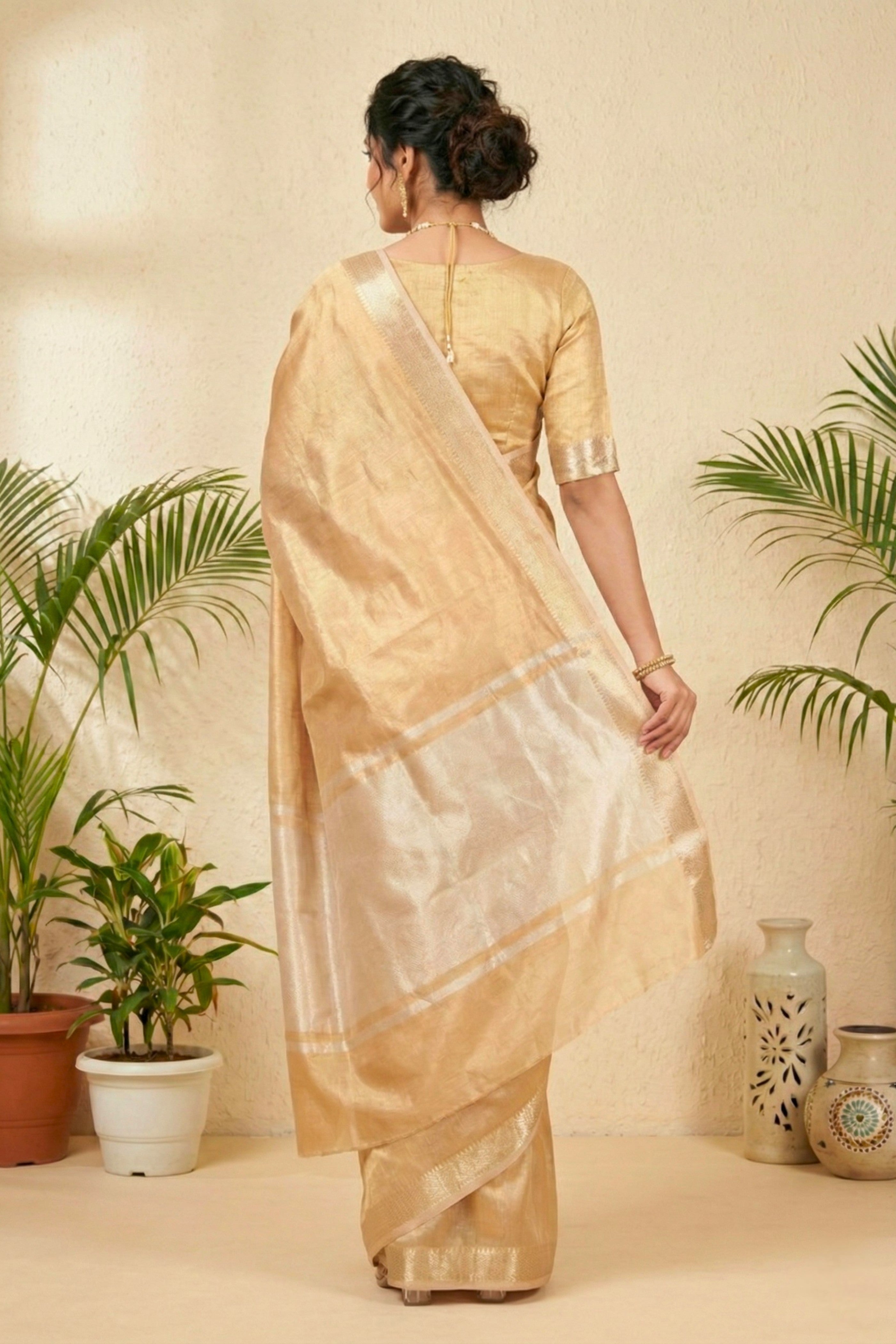 Luminous Champagne Gold Pure Tissue Silk Saree