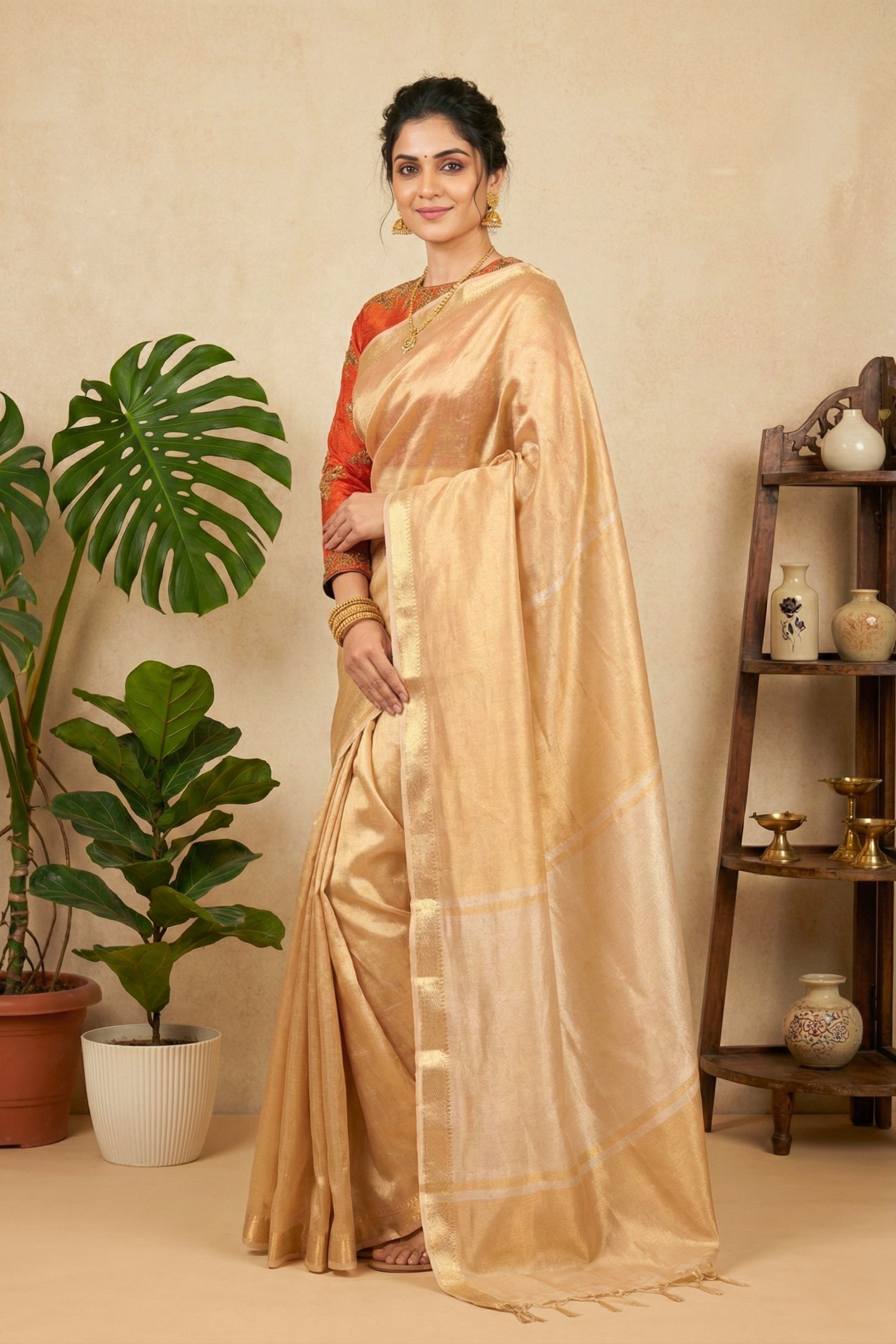 Luminous Champagne Gold Pure Tissue Silk Saree