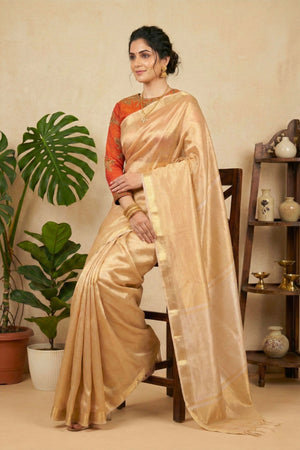 Luminous Champagne Gold Pure Tissue Silk Saree