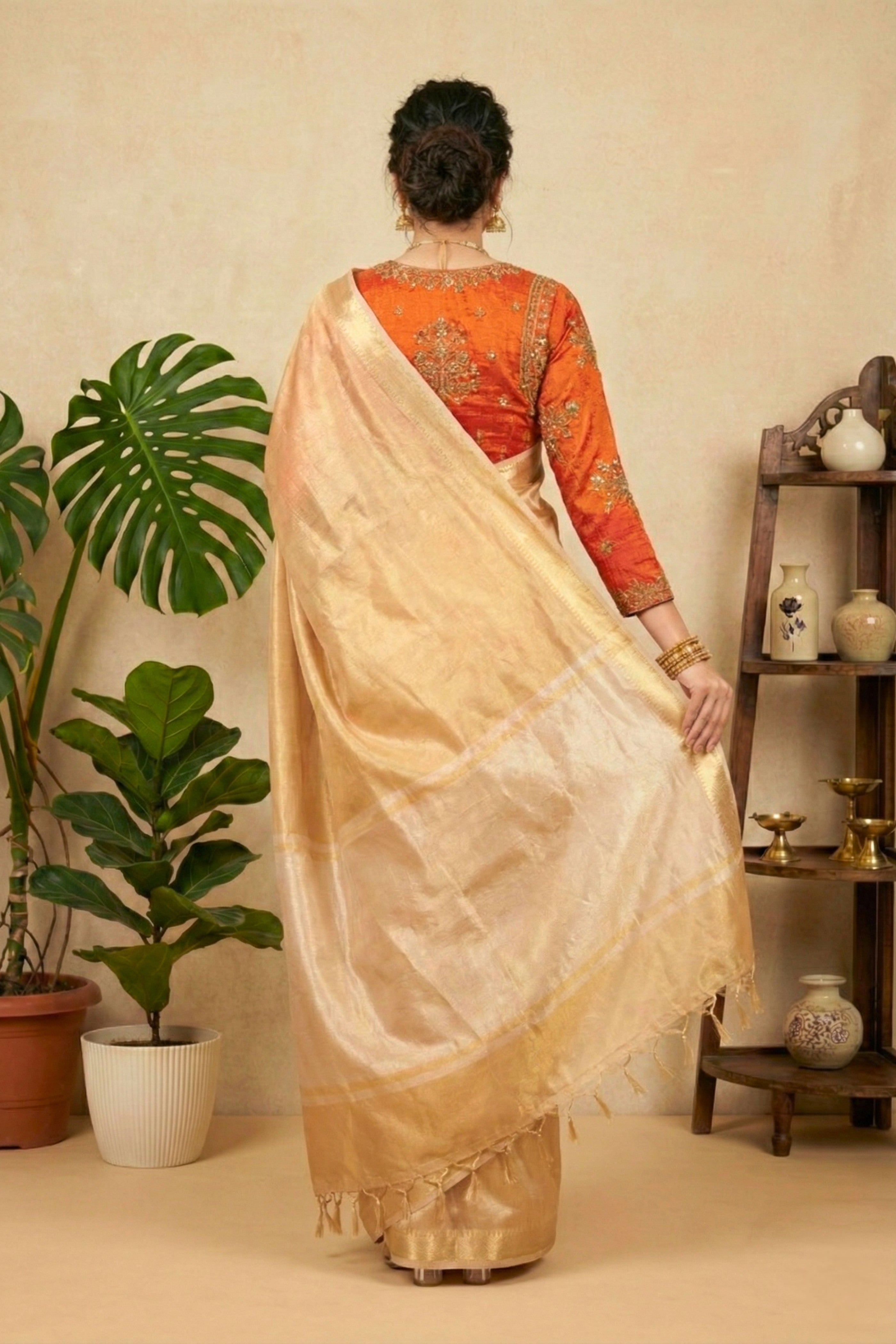 Luminous Champagne Gold Pure Tissue Silk Saree