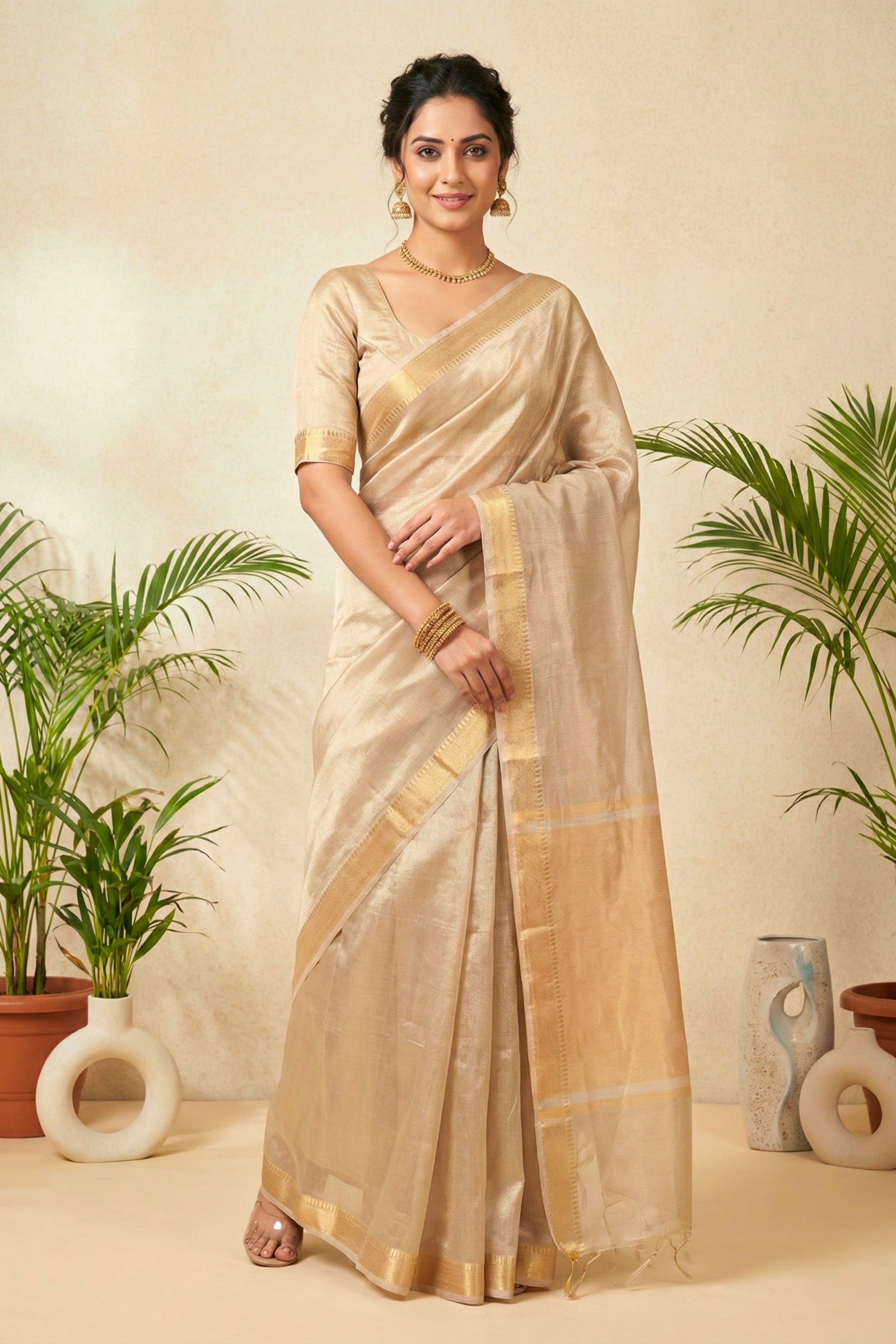 Luminous Silver-Beige Pure Tissue Silk Saree with Gold Weaves