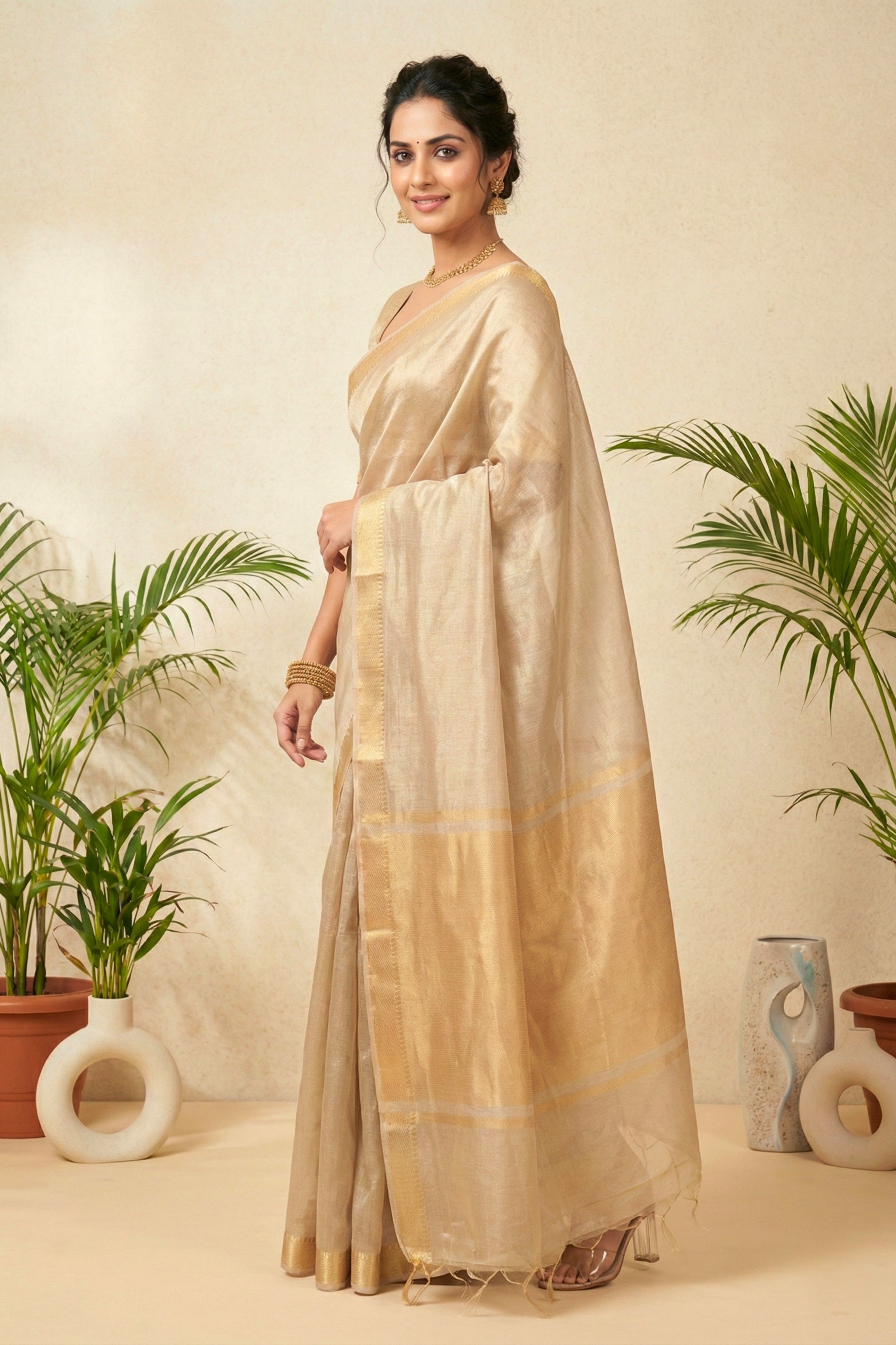 Luminous Silver-Beige Pure Tissue Silk Saree with Gold Weaves