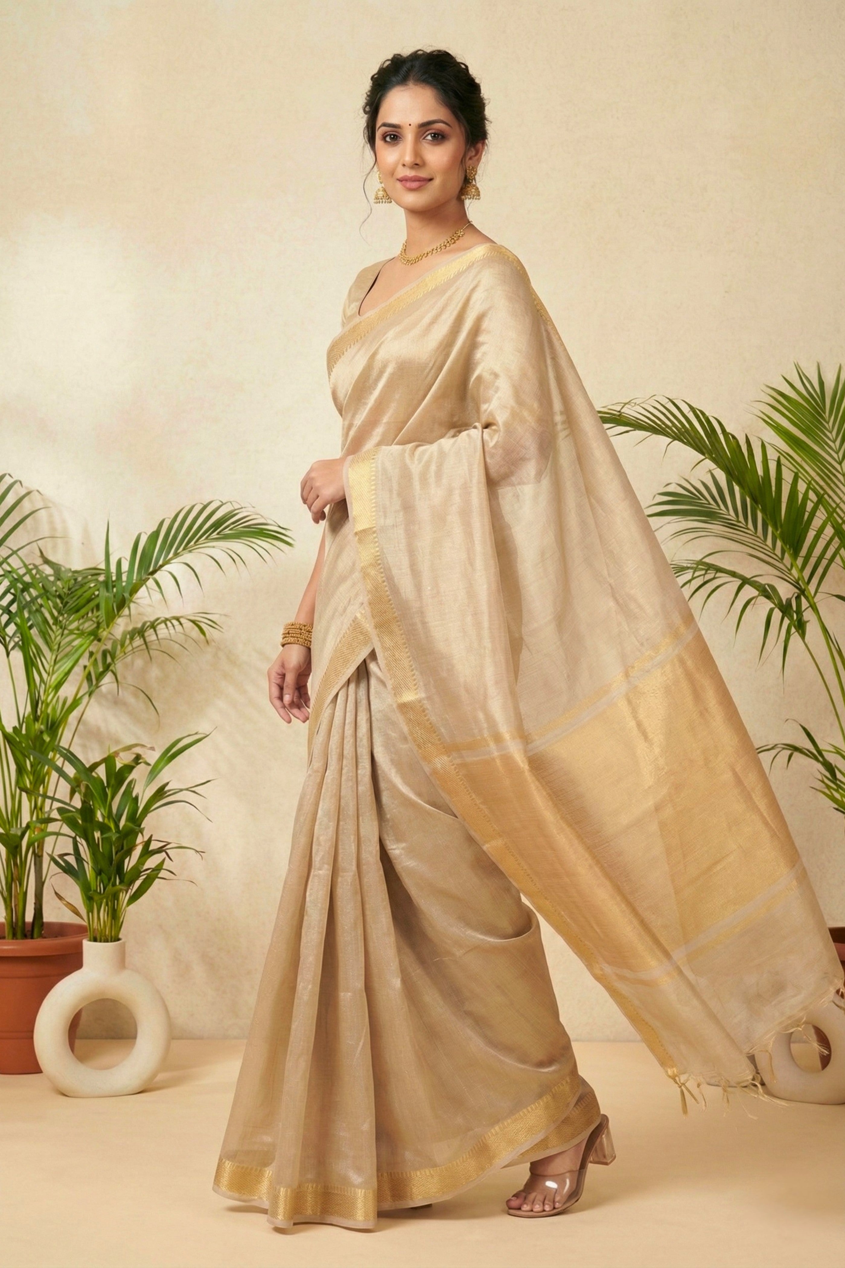 Luminous Silver-Beige Pure Tissue Silk Saree with Gold Weaves