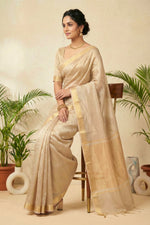Luminous Silver-Beige Pure Tissue Silk Saree with Gold Weaves
