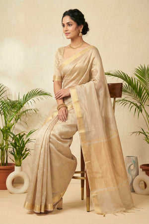 Luminous Silver-Beige Pure Tissue Silk Saree with Gold Weaves