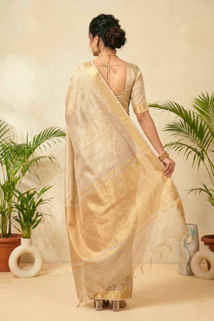 Luminous Silver-Beige Pure Tissue Silk Saree with Gold Weaves