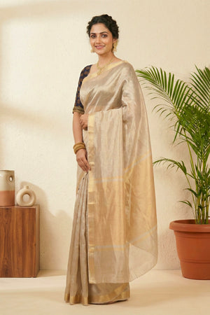 Luminous Silver-Beige Pure Tissue Silk Saree with Gold Weaves