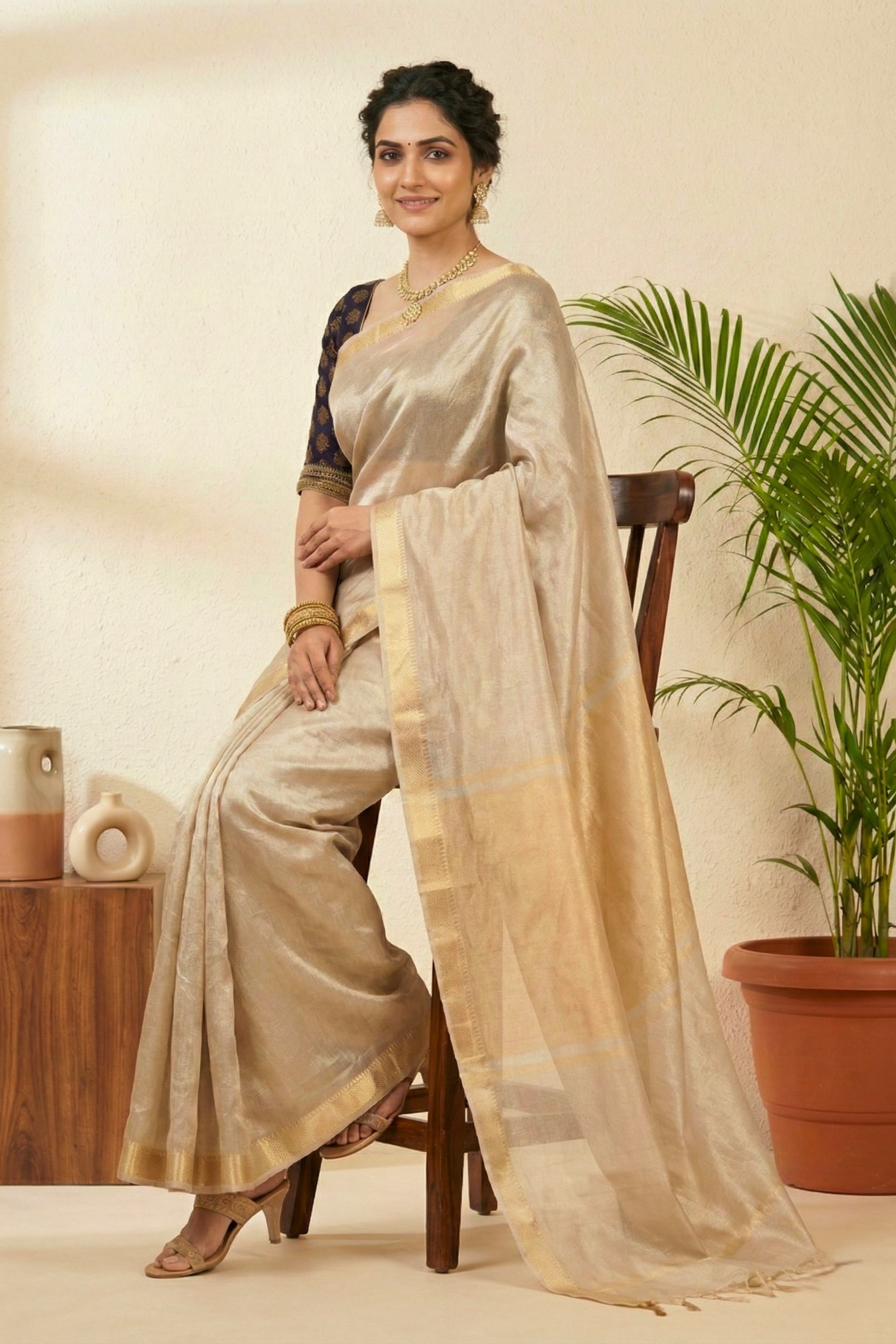 Luminous Silver-Beige Pure Tissue Silk Saree with Gold Weaves