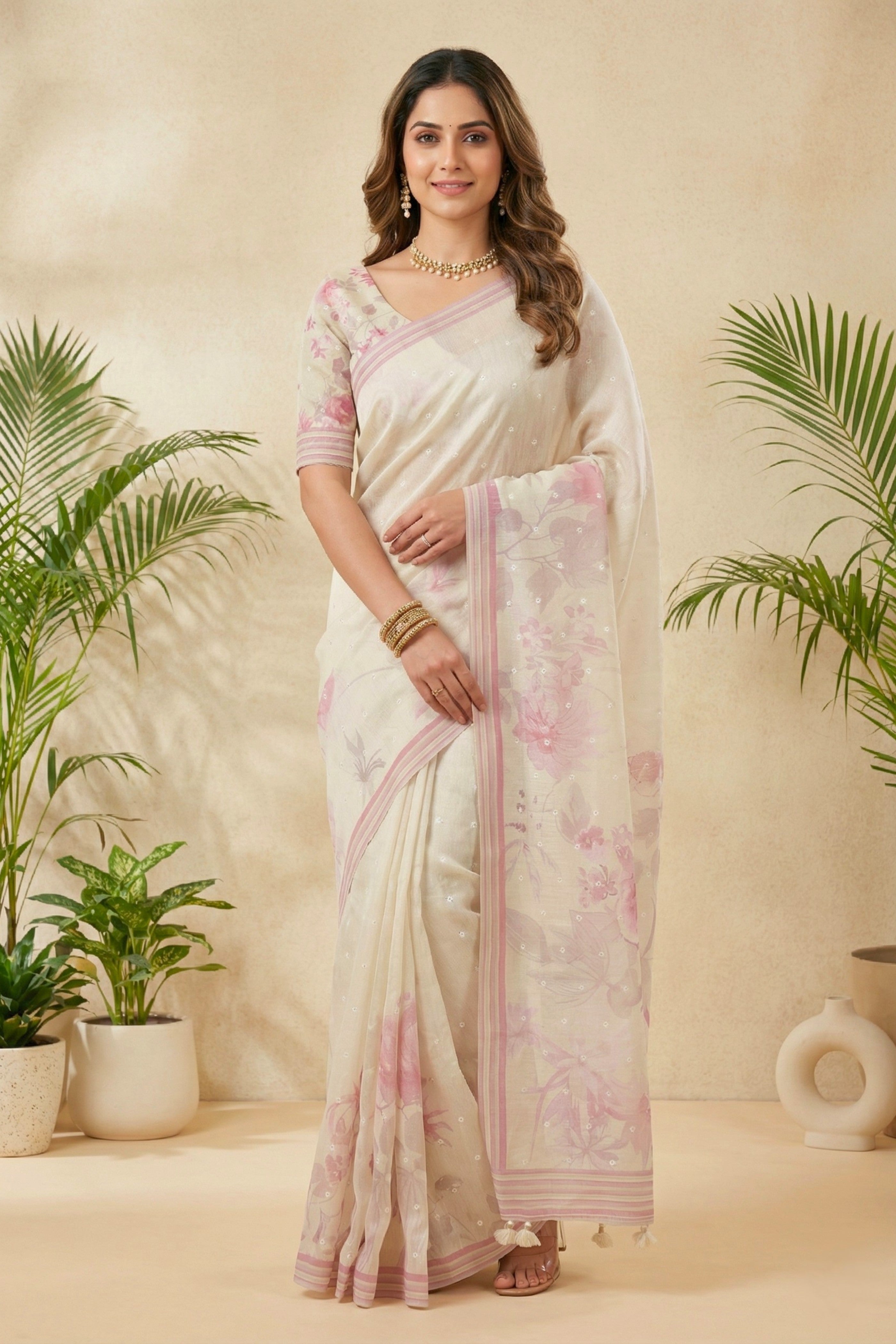 Ivory Floral Printed Cotton Chanderi Saree