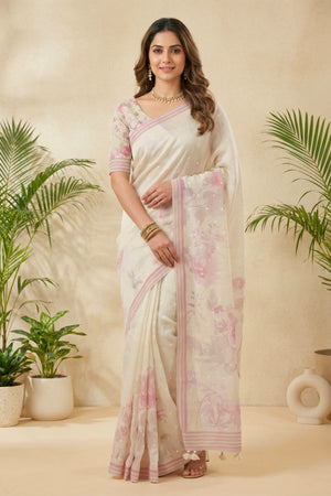 Ivory Floral Printed Cotton Chanderi Saree