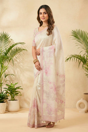 Ivory Floral Printed Cotton Chanderi Saree