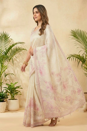 Ivory Floral Printed Cotton Chanderi Saree