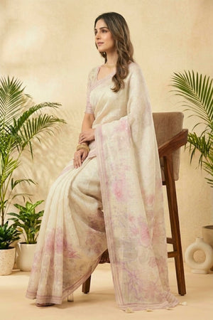 Ivory Floral Printed Cotton Chanderi Saree