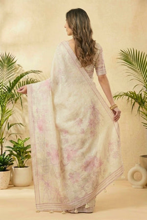 Ivory Floral Printed Cotton Chanderi Saree