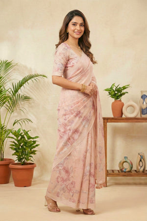 Peach Bloom Floral Printed Cotton Chanderi Saree