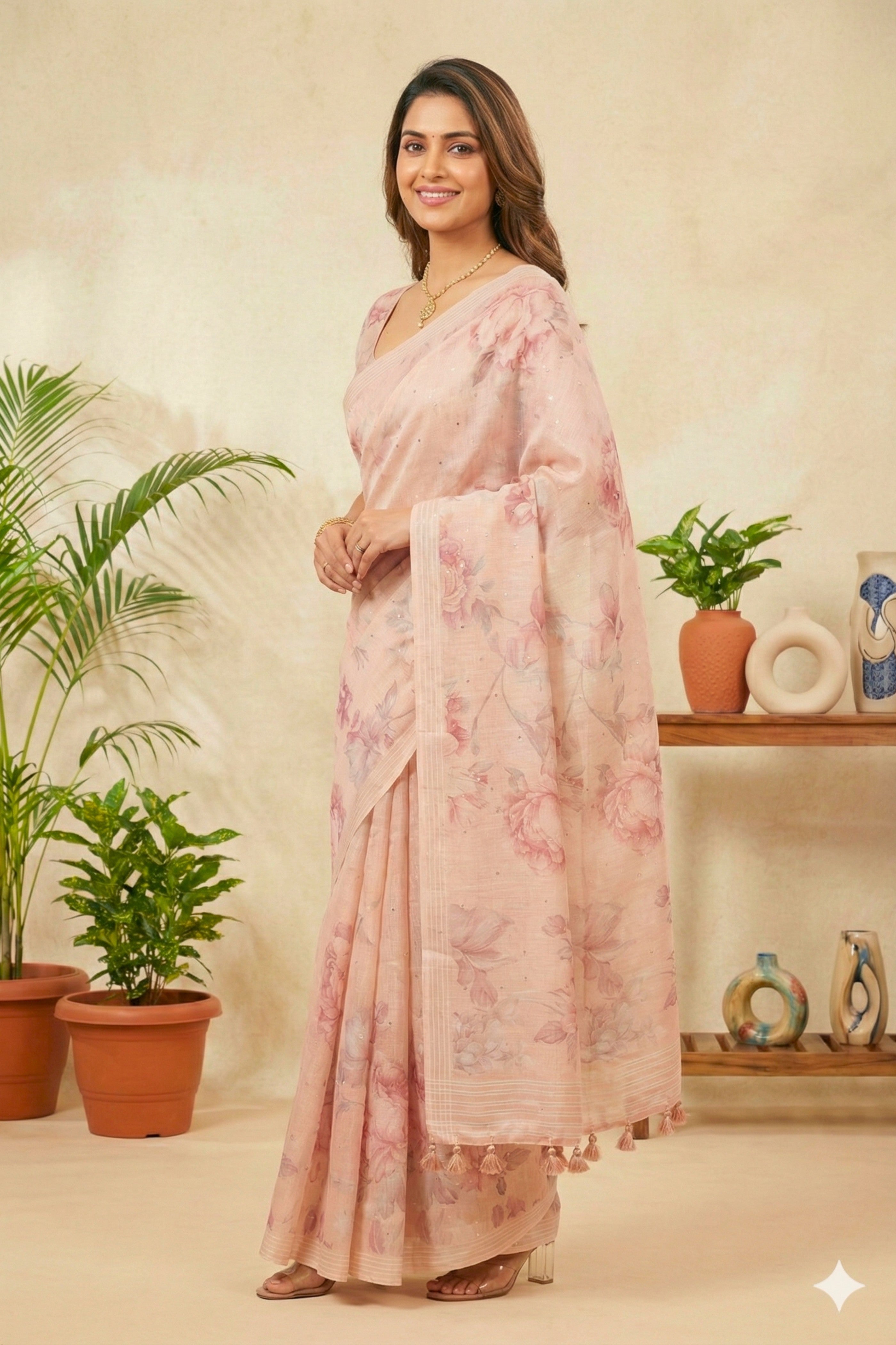 Peach Bloom Floral Printed Cotton Chanderi Saree