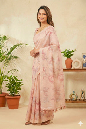 Peach Bloom Floral Printed Cotton Chanderi Saree