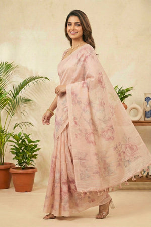 Peach Bloom Floral Printed Cotton Chanderi Saree