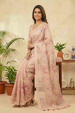 Peach Bloom Floral Printed Cotton Chanderi Saree