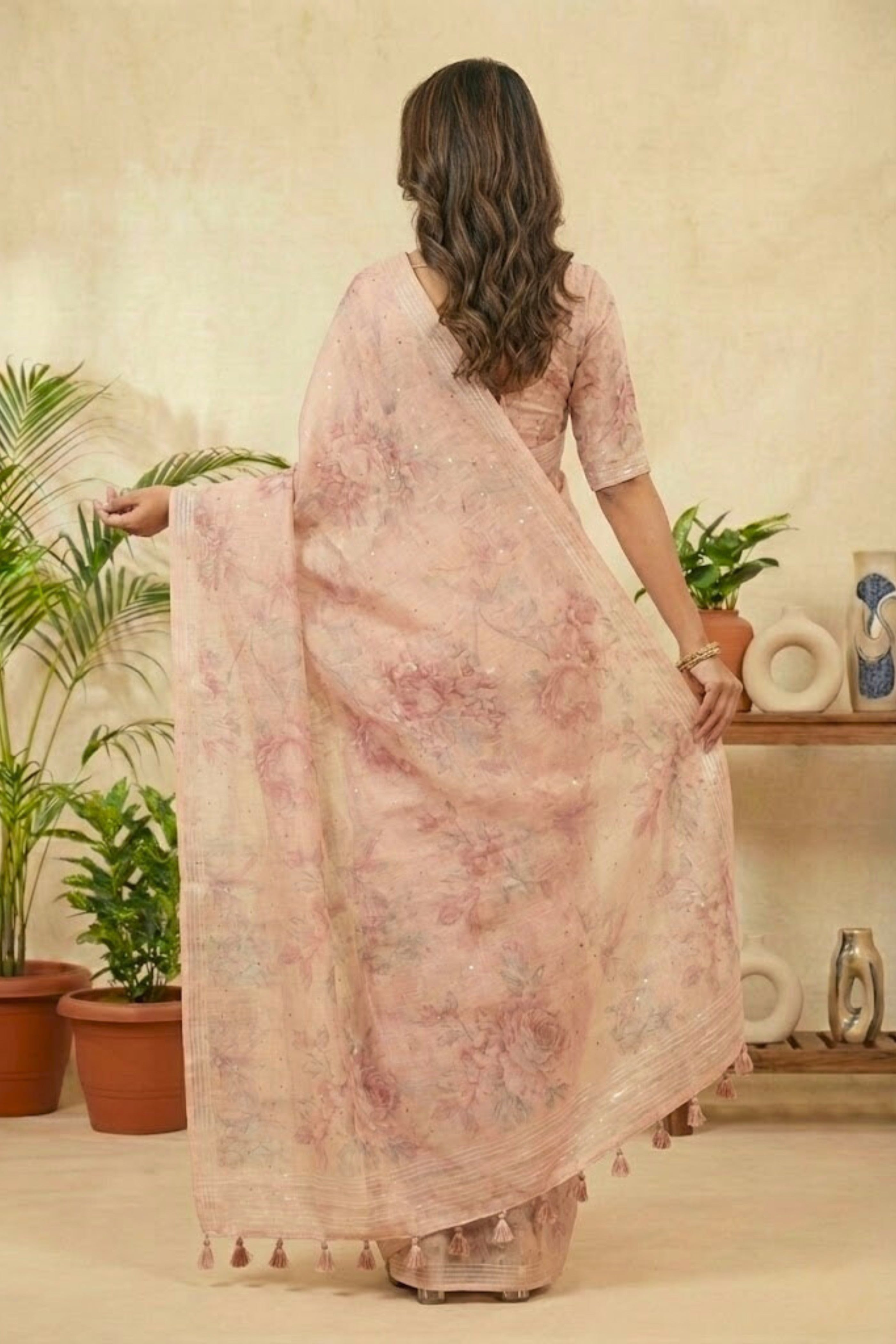 Peach Bloom Floral Printed Cotton Chanderi Saree