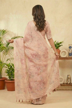 Peach Bloom Floral Printed Cotton Chanderi Saree