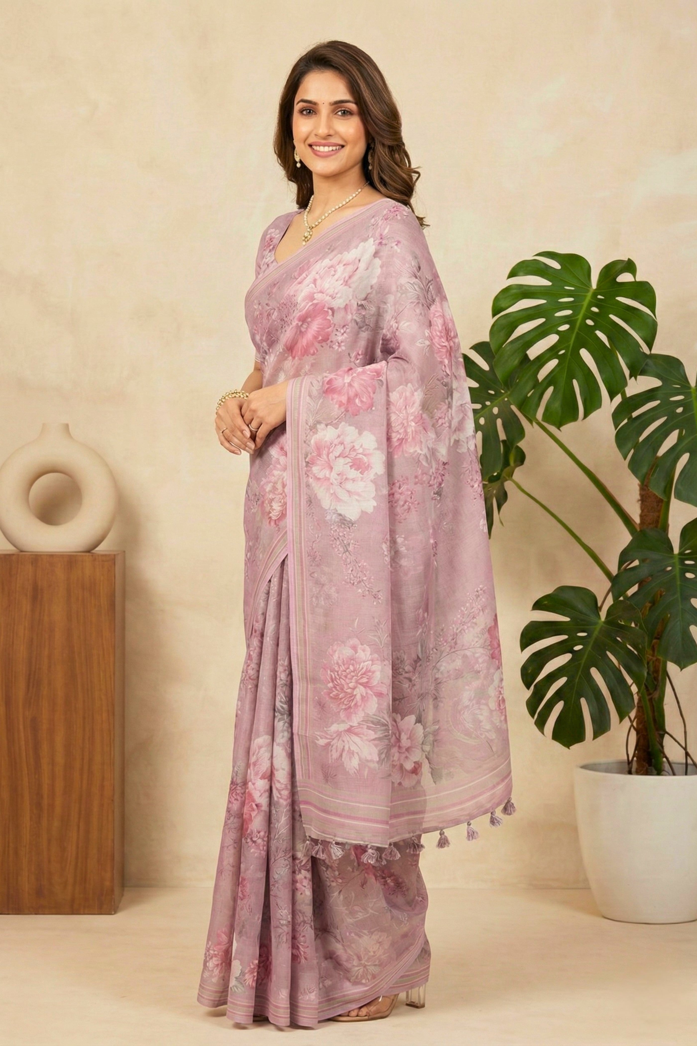 Lavender Floral Printed Cotton Chanderi Saree