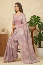 Lavender Floral Printed Cotton Chanderi Saree