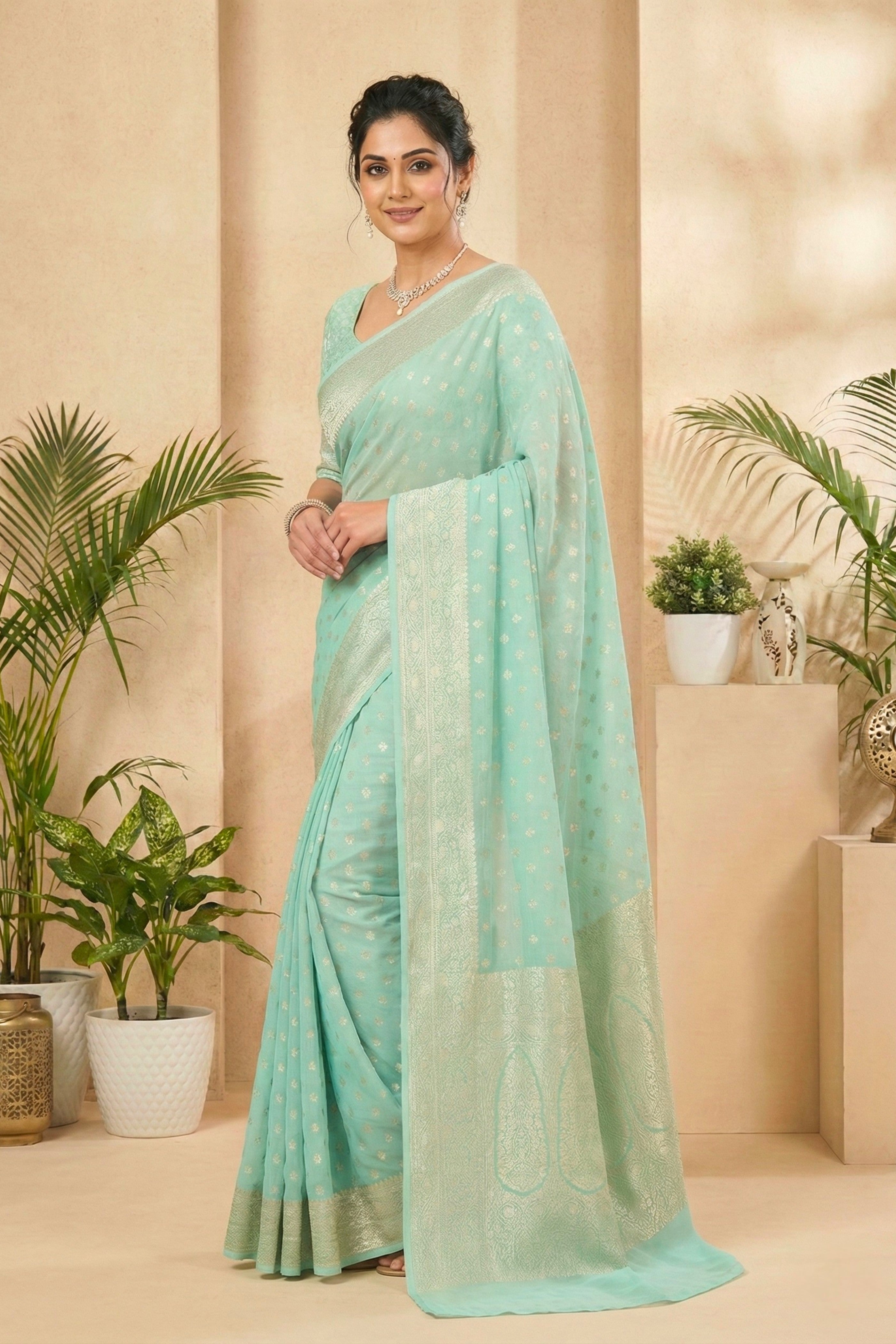 Serene Aqua Blue Georgette Saree