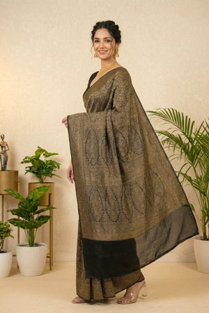 Jet Black and Antique Gold Crepe Saree
