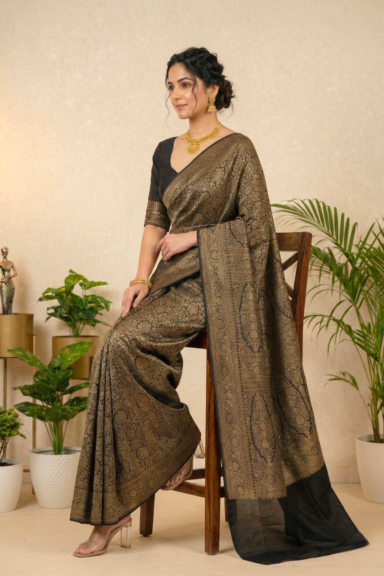 Jet Black and Antique Gold Crepe Saree