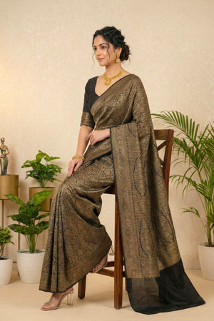 Jet Black and Antique Gold Crepe Saree