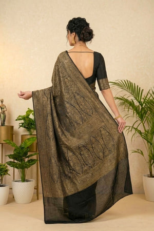 Jet Black and Antique Gold Crepe Saree