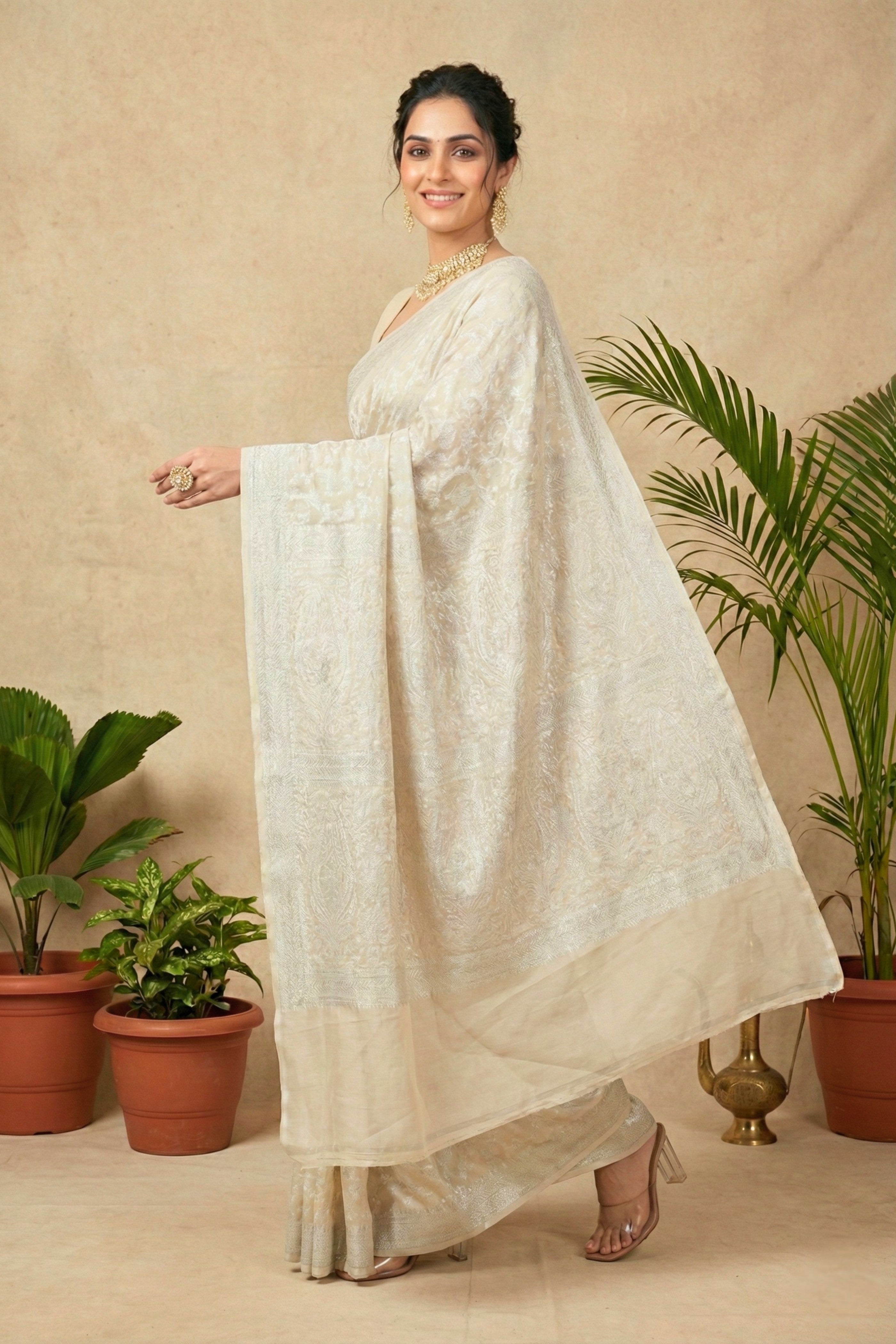 Ivory Cream Banarasi Georgette Saree