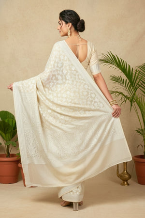 Ivory Cream Banarasi Georgette Saree