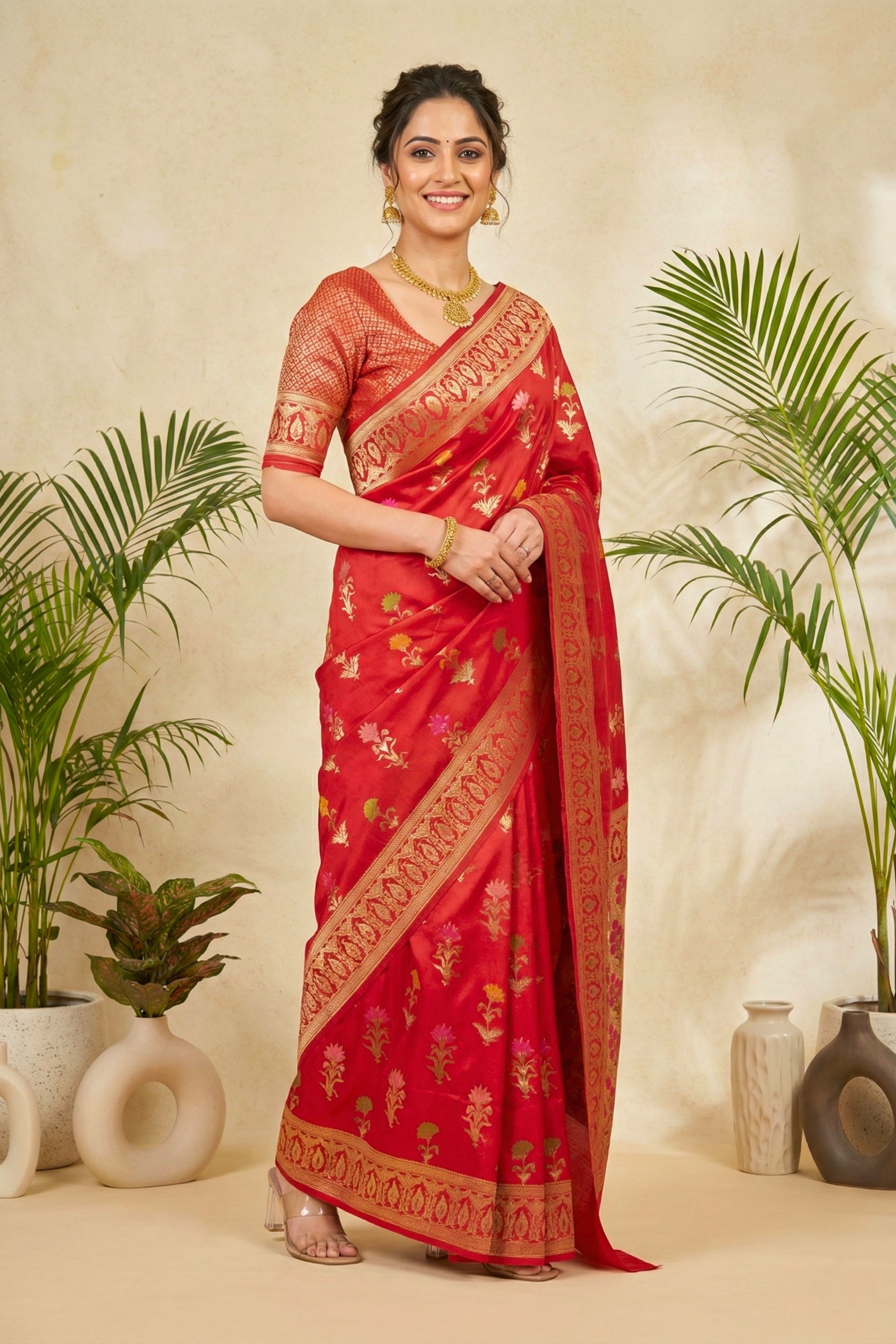 Opulent Crimson Red Semi Silk Saree with Floral Zari Weaves