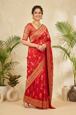 Opulent Crimson Red Semi Silk Saree with Floral Zari Weaves