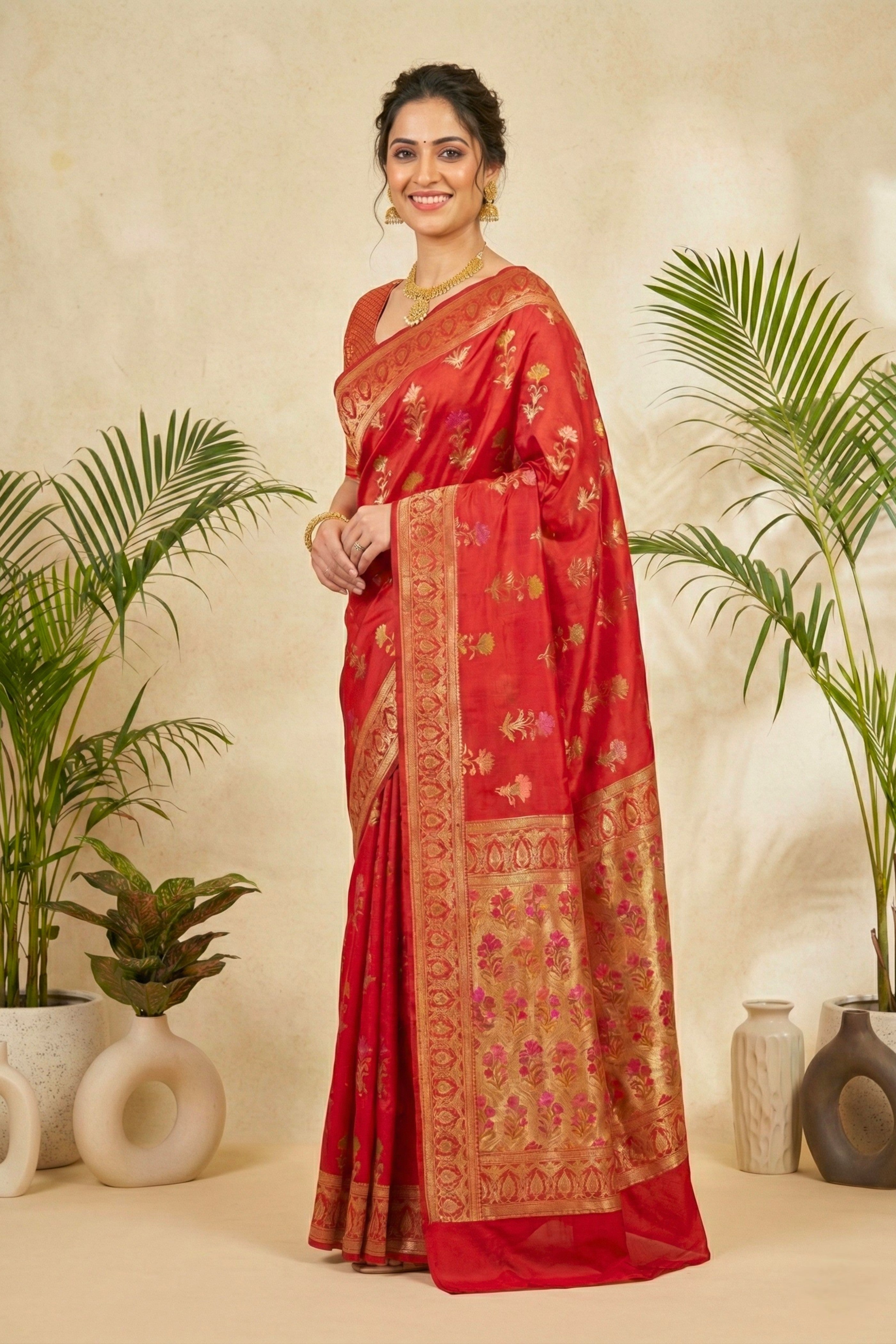 Opulent Crimson Red Semi Silk Saree with Floral Zari Weaves