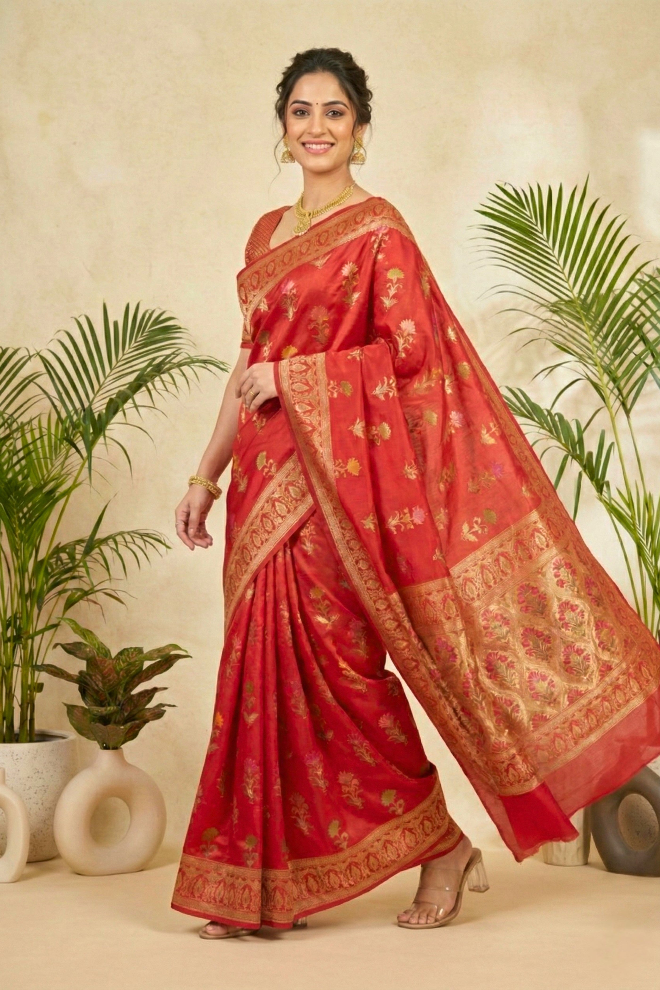 Opulent Crimson Red Semi Silk Saree with Floral Zari Weaves