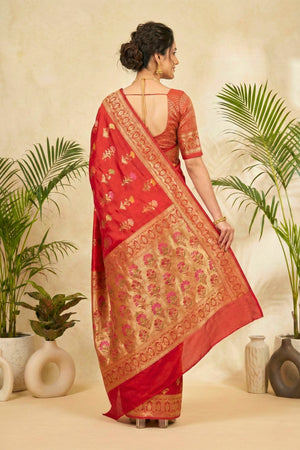 Opulent Crimson Red Semi Silk Saree with Floral Zari Weaves