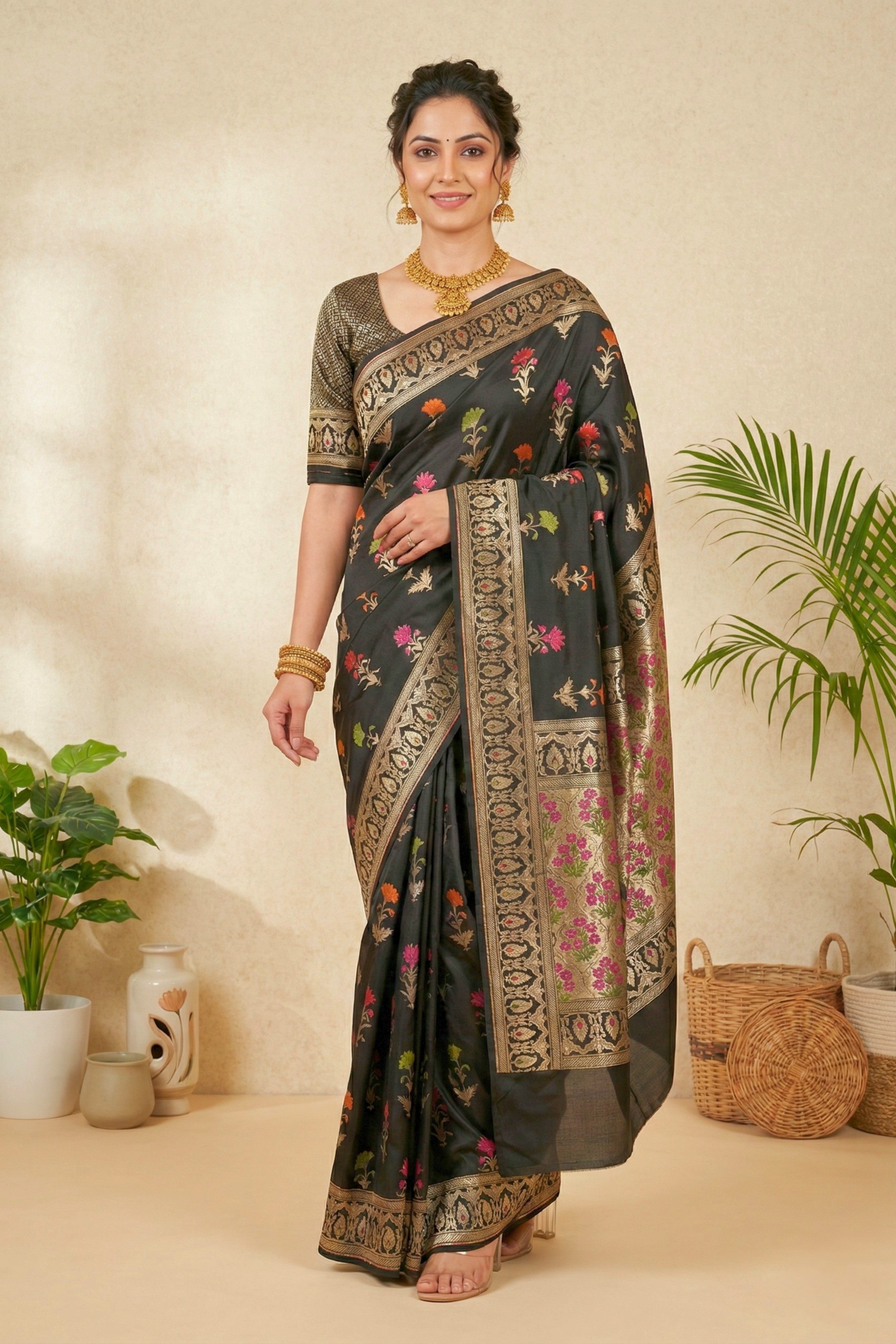 Majestic Black Semi Silk Saree with Multicolor Floral Weaves