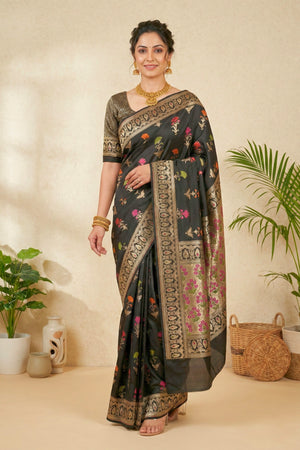 Majestic Black Semi Silk Saree with Multicolor Floral Weaves