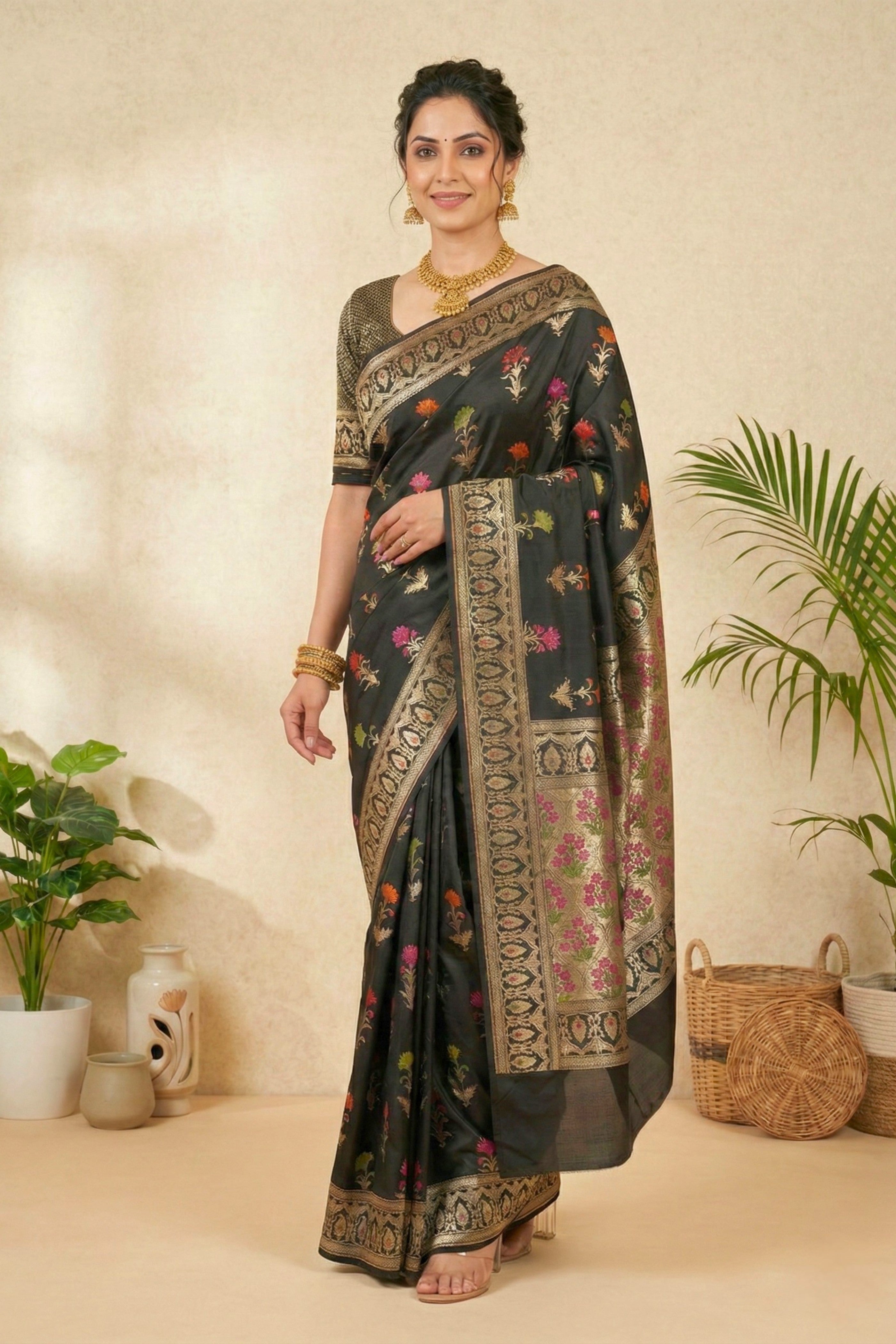 Majestic Black Semi Silk Saree with Multicolor Floral Weaves