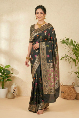 Majestic Black Semi Silk Saree with Multicolor Floral Weaves