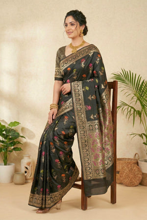Majestic Black Semi Silk Saree with Multicolor Floral Weaves