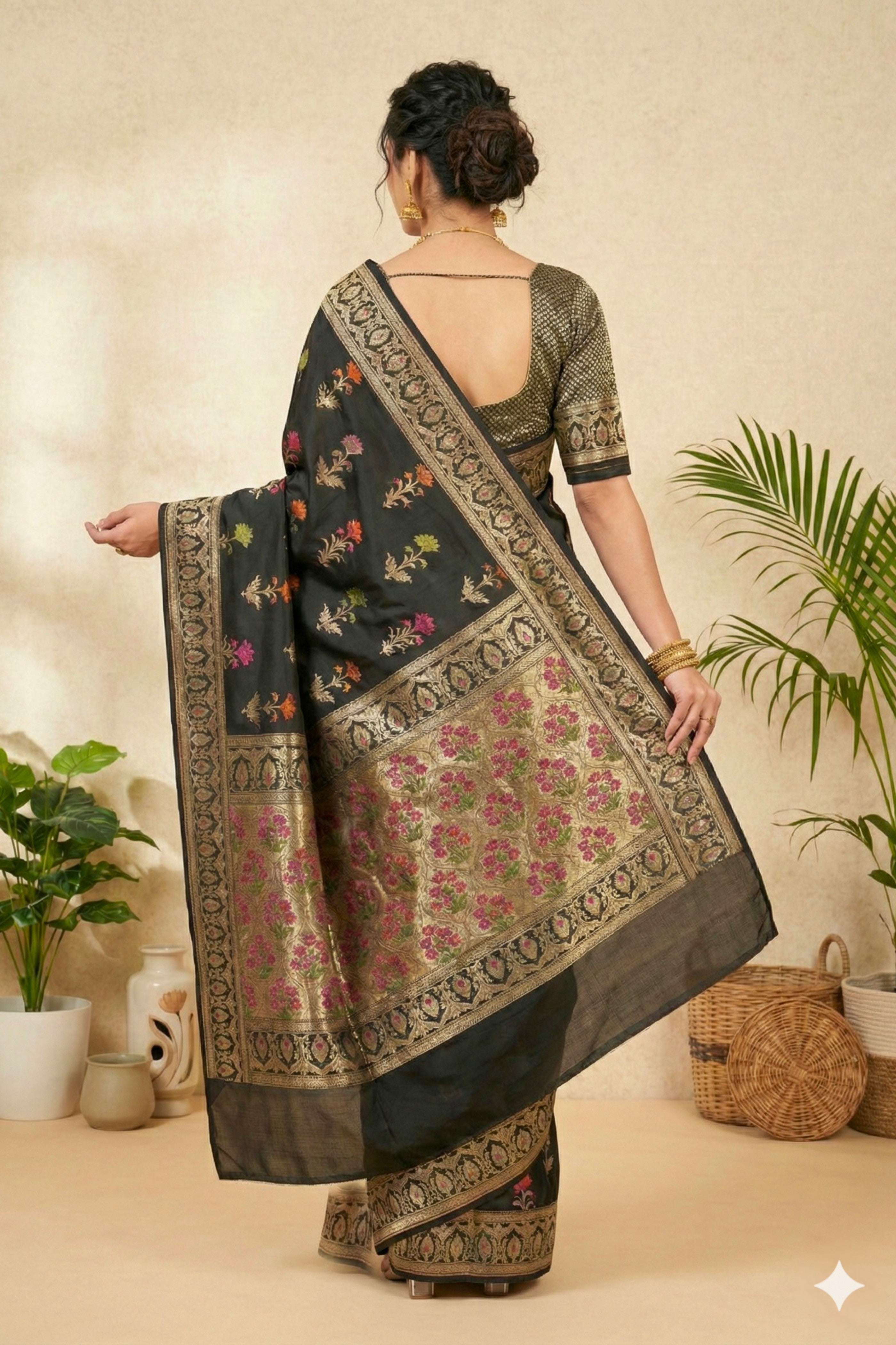 Majestic Black Semi Silk Saree with Multicolor Floral Weaves