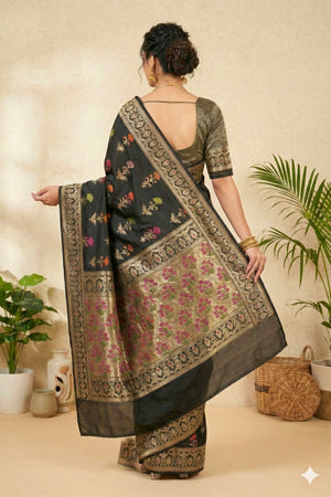 Majestic Black Semi Silk Saree with Multicolor Floral Weaves