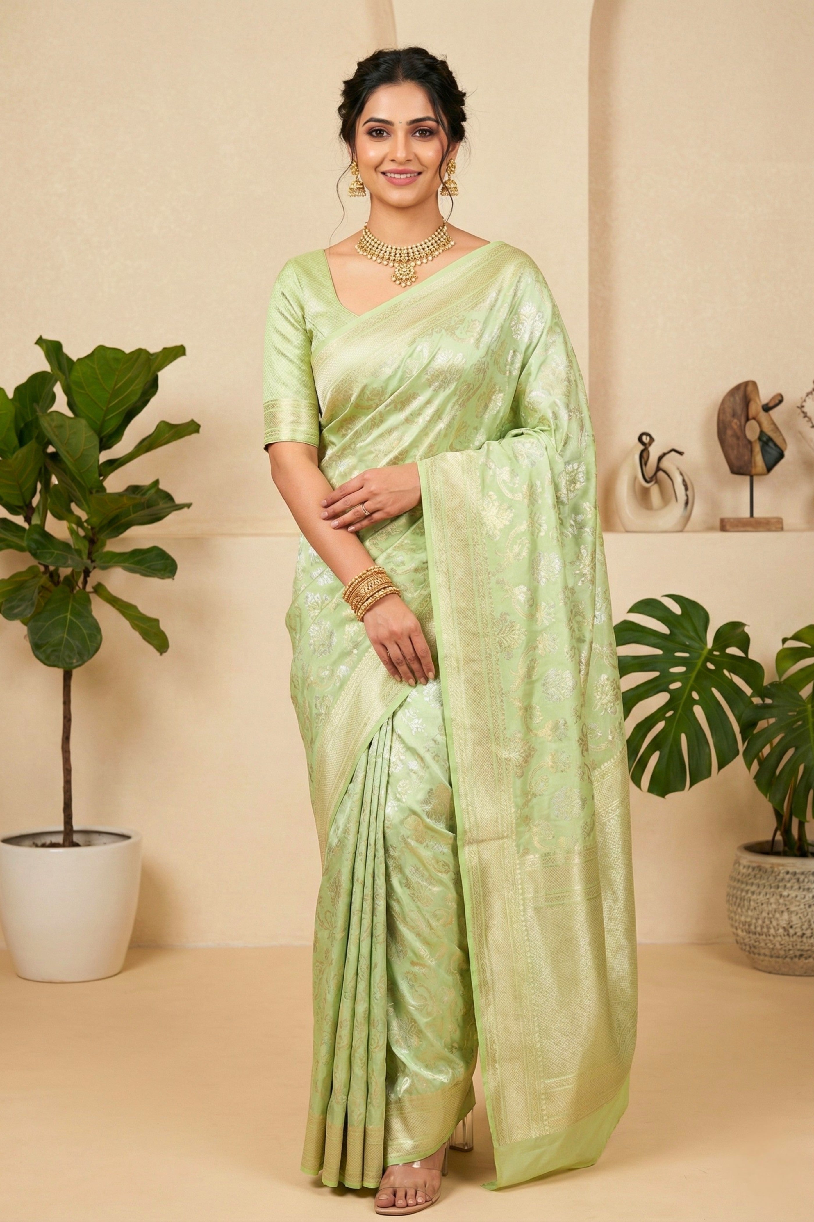 Ethereal Pastel Mint Green Soft Silk Saree with Floral Weaves